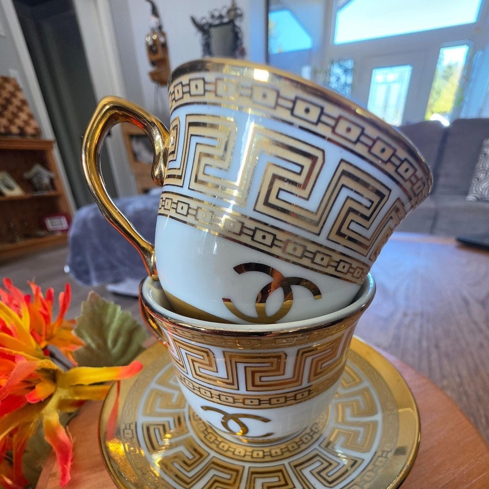 Gilded White Gold Greek Key Tea Cup Set of 2 - Picture 2 of 9